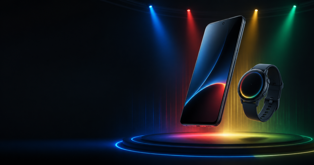Original illustration of an unbranded smartphone and smartwatch on a colourful technology launch stage