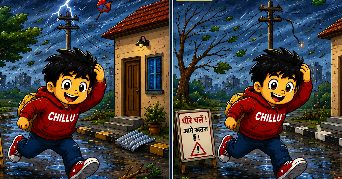 Two windy Aandhi neighbourhood scenes with Chillu and five visual differences involving a tree, kite, window, sign and street objects