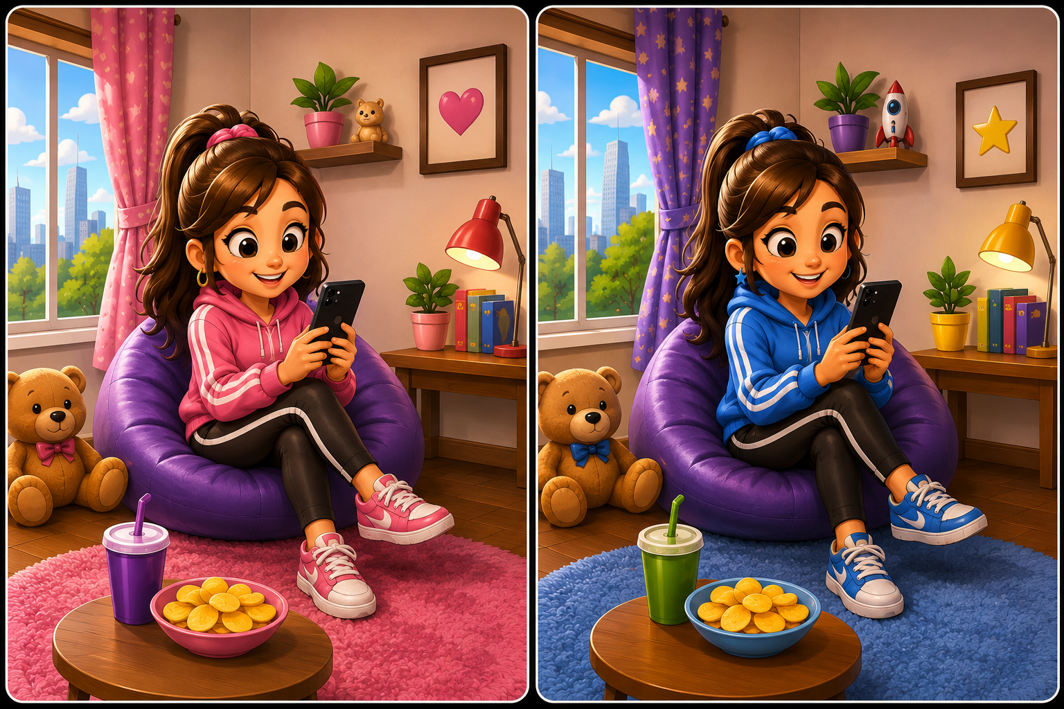 Two colourful bedroom scenes containing differences in clothes, decorations and everyday objects