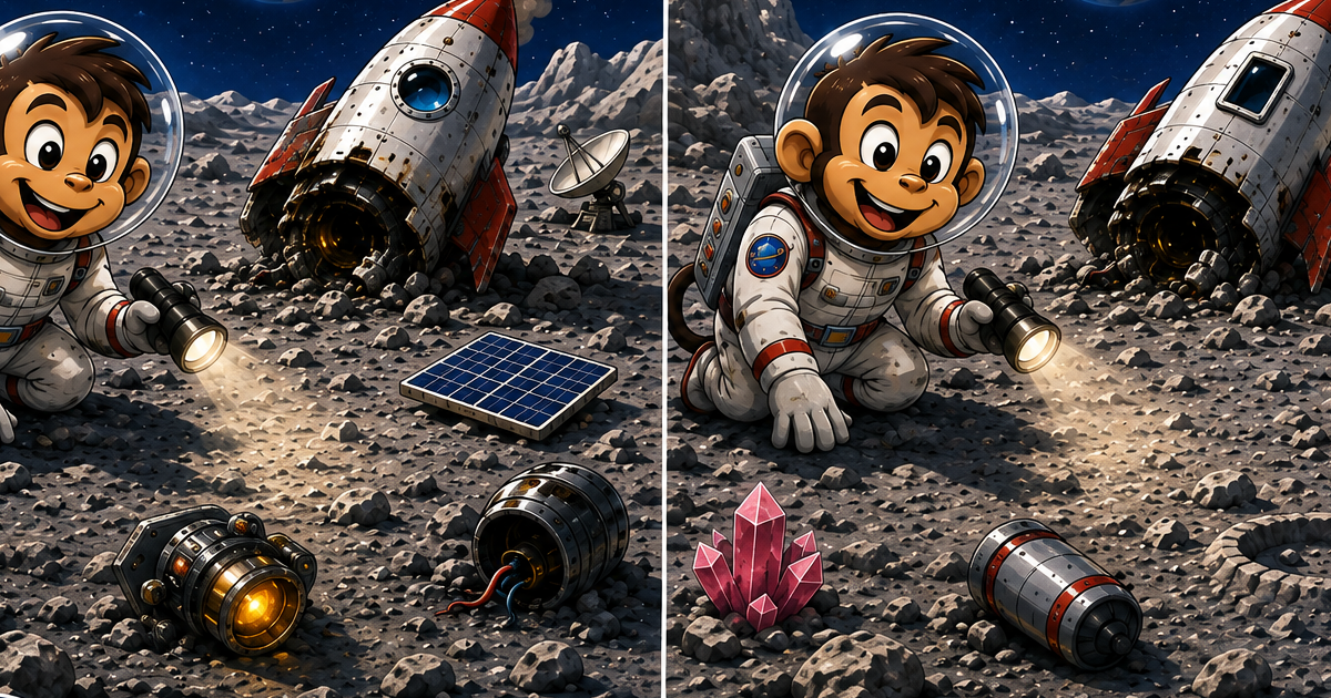 Two Moon mission scenes with Chillu, a damaged rocket and visual differences to find