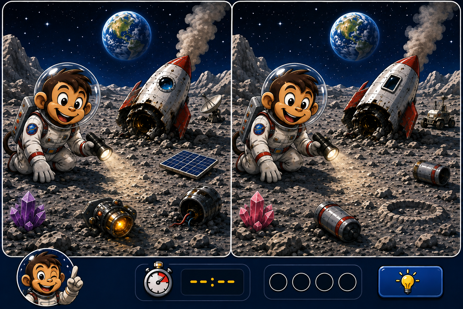 Two Moon mission scenes with Chillu, a damaged rocket and visual differences to find