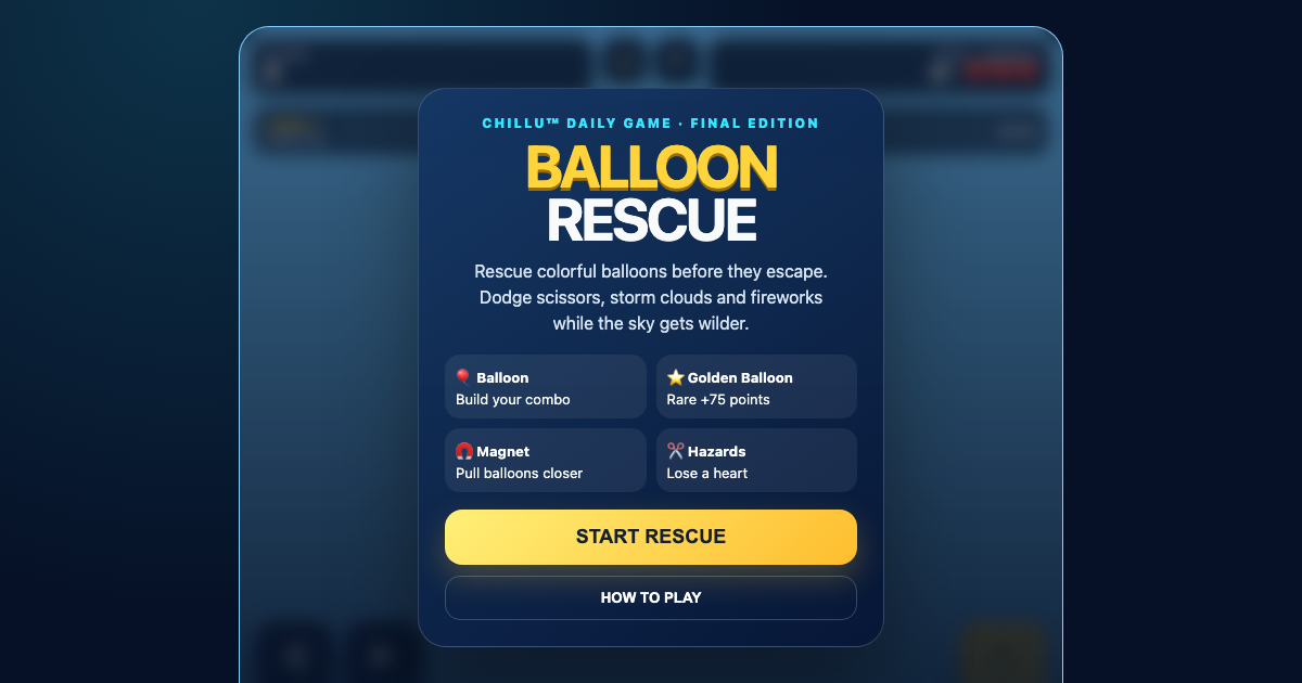 Start screen for Chillu Balloon Rescue, a balloon arcade game