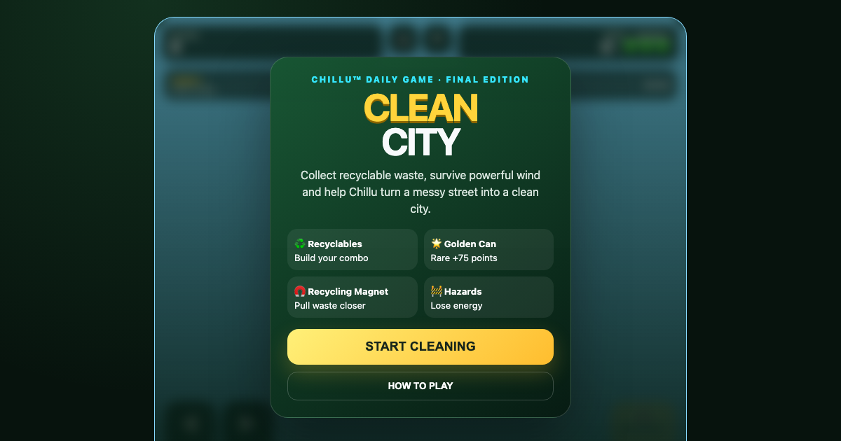 Start screen for Chillu Clean City, a recycling arcade game