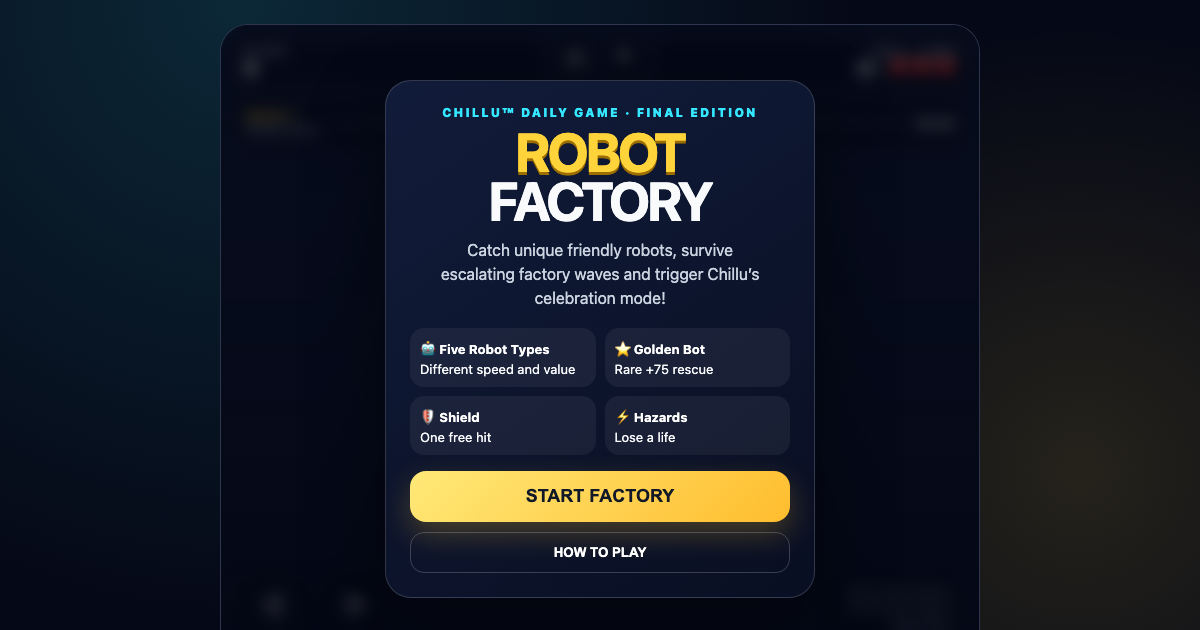 Start screen for Chillu Robot Factory, a robot arcade game