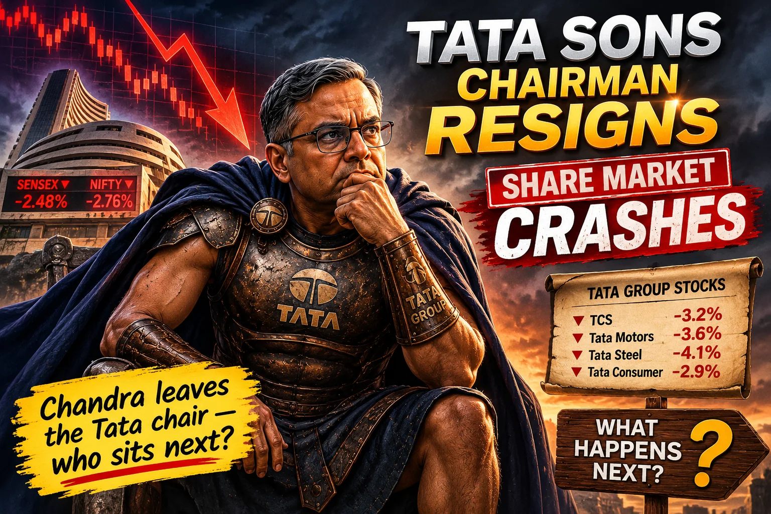 Satirical illustration about the Tata Sons chairman resignation and attention on Tata Group shares