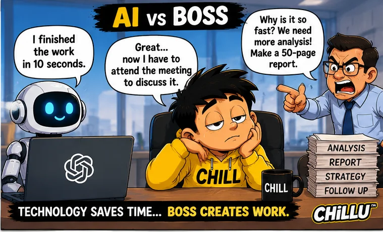 AI robot finishes work in ten seconds while a boss demands a meeting, more analysis and a 50-page report as Chillu watches