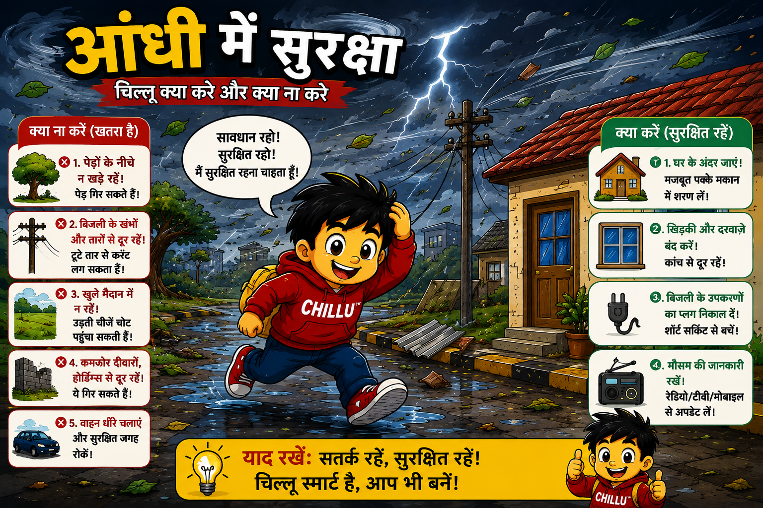 Hindi illustrated Aandhi safety guide showing Chillu moving indoors and avoiding trees, power lines, open areas and weak structures during strong winds