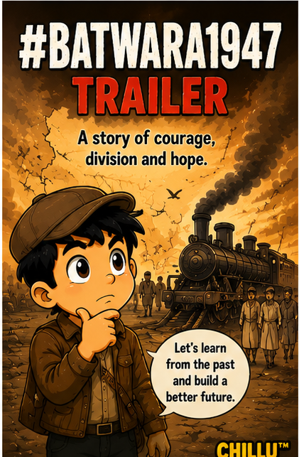 Chillu in period clothing beside a steam train on a Batwara 1947 trailer poster about courage, division and hope