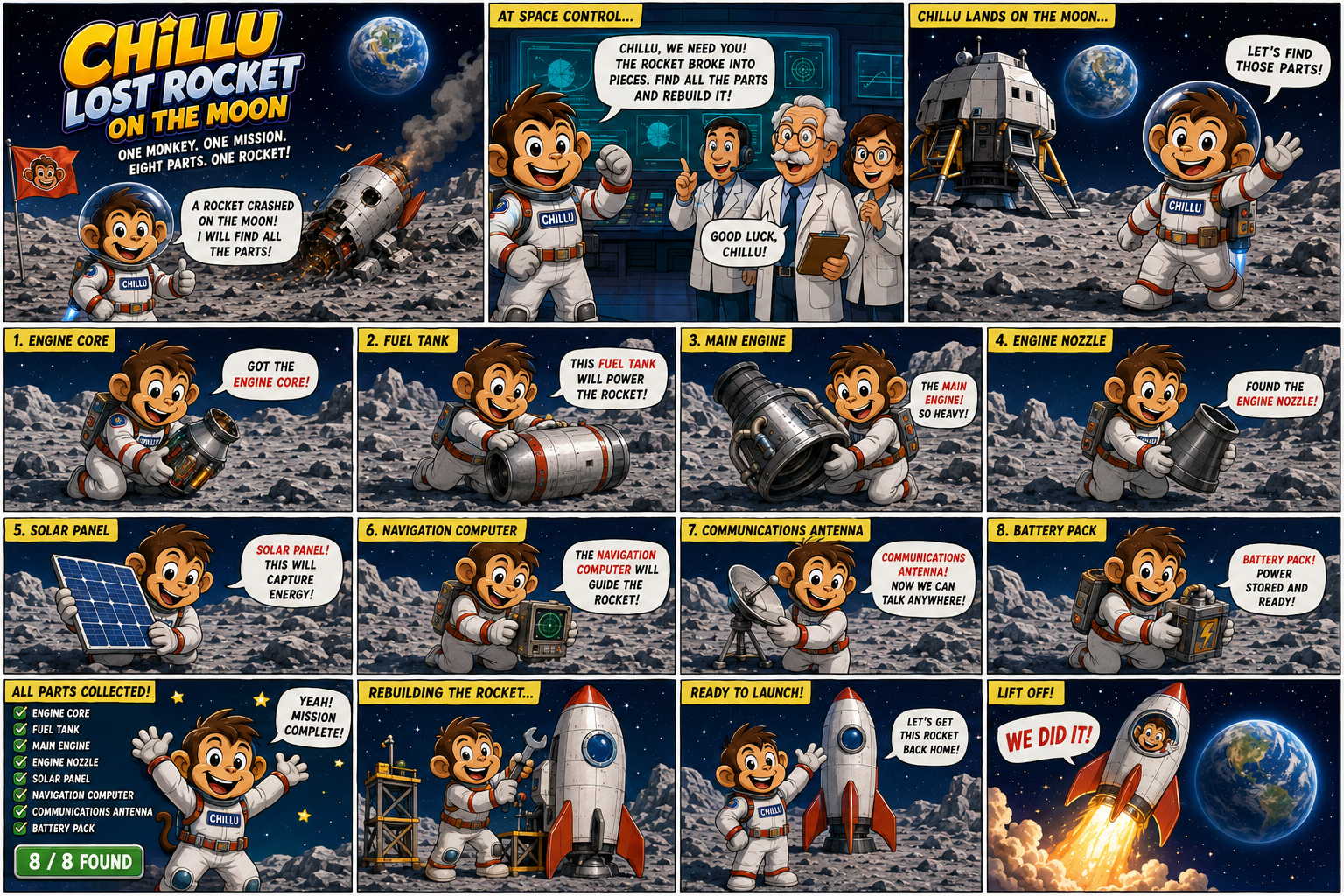 Fumetto che mostra Chillu mentre raccoglie otto componenti di un razzo sulla Luna, ricostruisce l'astronave e la lancia verso la Terra.