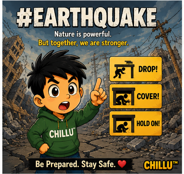 Chillu points to illustrated earthquake safety steps that say Drop, Cover and Hold On