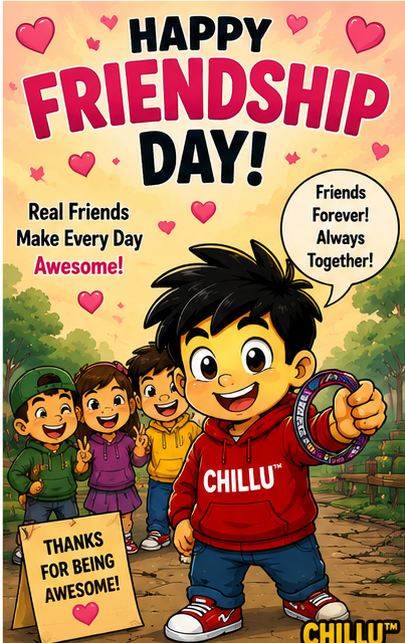 Chillu holds a friendship band while a group of friends celebrates Happy Friendship Day in a park