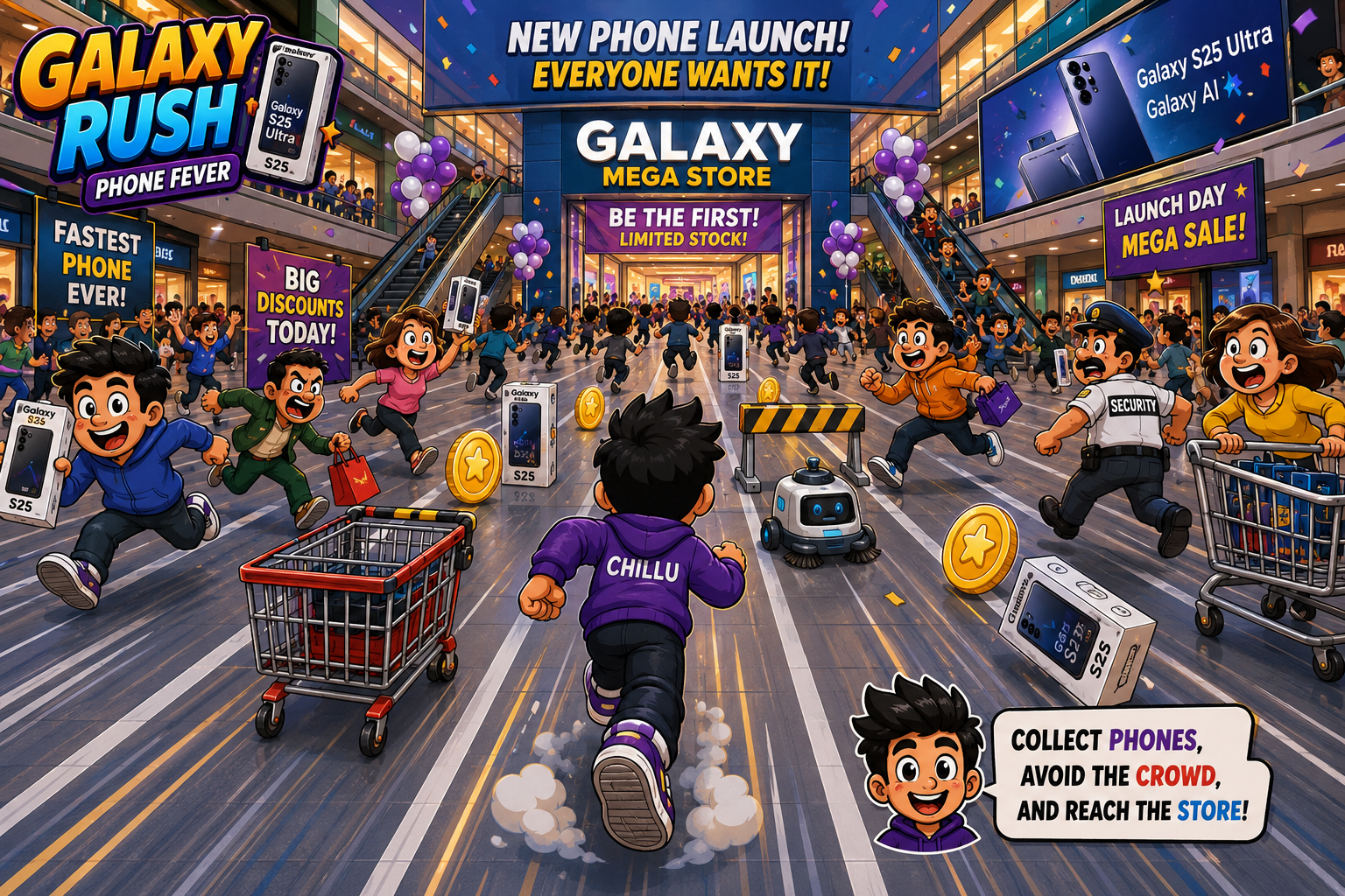 Chillu corre in un centro commerciale affollato durante il caotico lancio di un nuovo telefono nel cartone animato Galaxy Rush Phone Fever.