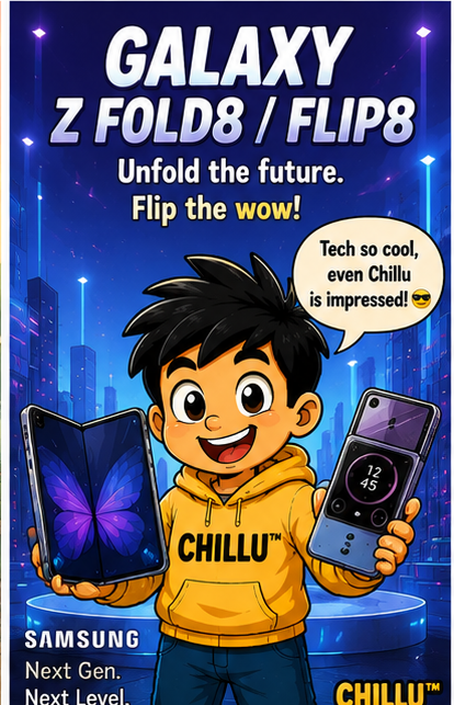 Chillu holds two futuristic foldable phones in a Galaxy Z Fold8 and Flip8 technology cartoon