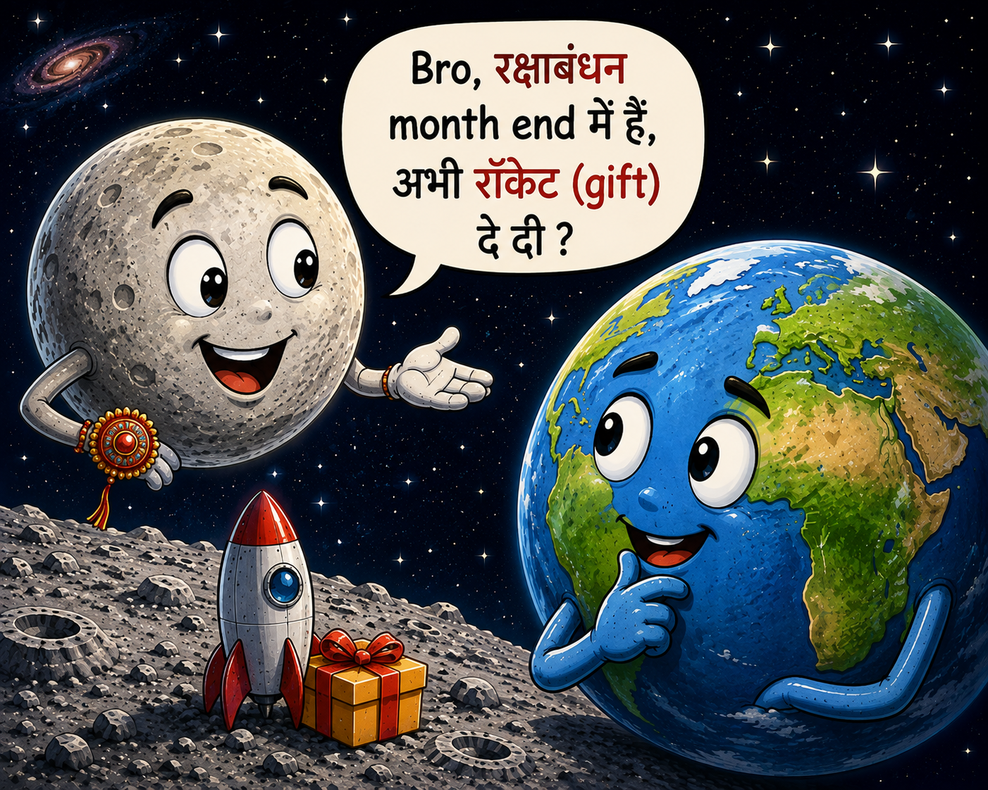 La Luna dei cartoni animati indossa un rakhi e chiede alla Terra informazioni su un regalo di Raksha Bandhan: un razzo in anticipo.