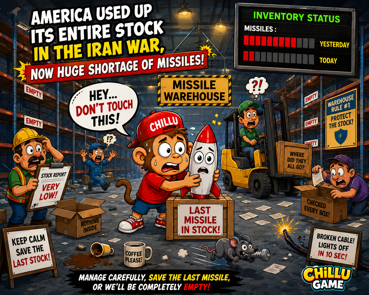 Chillu holds the last cartoon missile in a nearly empty warehouse while worried workers check shelves and inventory signs