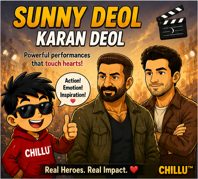 Chillu gives a thumbs-up beside illustrated actors Sunny Deol and Karan Deol on a cinema appreciation poster