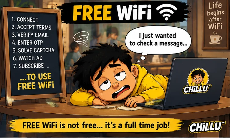 Chillu waits beside a laptop while a sign lists seven steps required to use free public WiFi